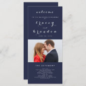 Eenvoudig Elegant Script Foto Marine Blauw Bruilof Programmakaart (Voorkant / Achterkant)