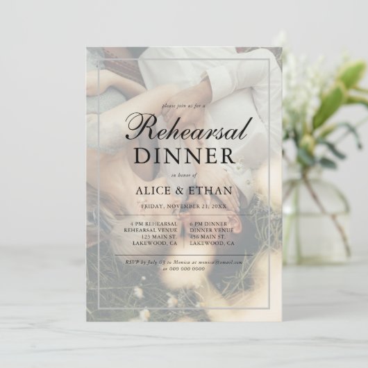 Eenvoudig Elegant Script Foto Repetitie Diner Kaart (Staand voorkant)