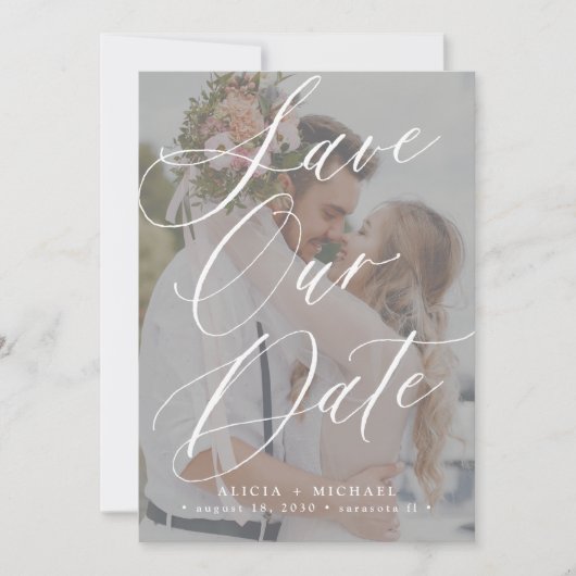 Eenvoudig elegant script fotobedekking bruiloft save the date (Voorkant)