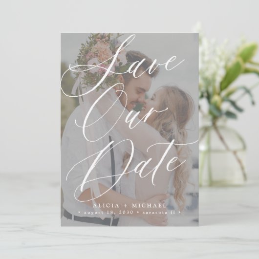 Eenvoudig elegant script fotobedekking bruiloft save the date (Staand voorkant)