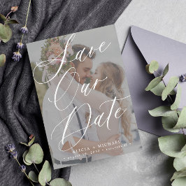 Eenvoudig elegant script fotobedekking bruiloft save the date