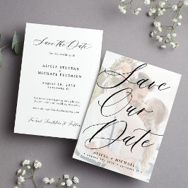 Eenvoudig elegant script fotobedekking bruiloft save the date