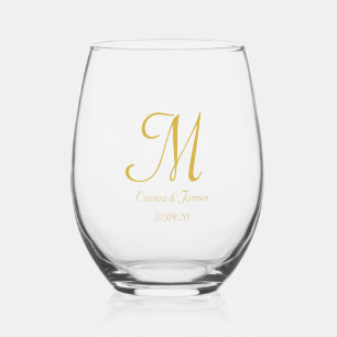 Eenvoudig Elegant Script Goud Monogram Bruiloft Wijnglas Zonder Voet