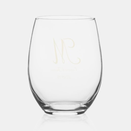 Eenvoudig Elegant Script Goud Monogram Bruiloft Wijnglas Zonder Voet (Achterkant)