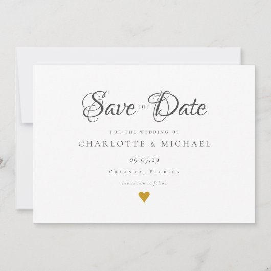 Eenvoudig Elegant Script Gouden Hart Bewaar de Dat Save The Date (Voorkant)