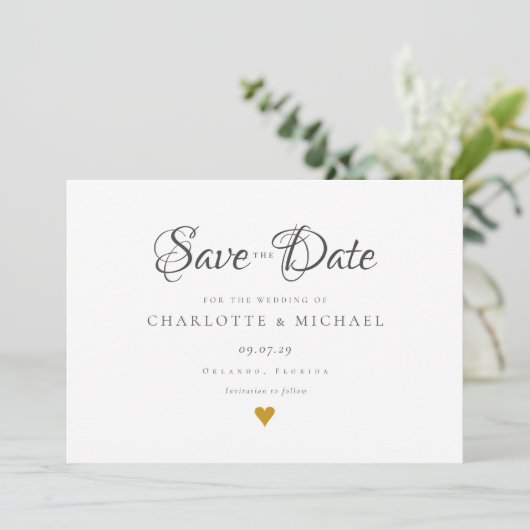 Eenvoudig Elegant Script Gouden Hart Bewaar de Dat Save The Date (Staand voorkant)