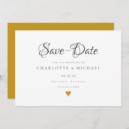 Eenvoudig Elegant Script Gouden Hart Bewaar de Dat Save The Date (Voorkant / Achterkant)