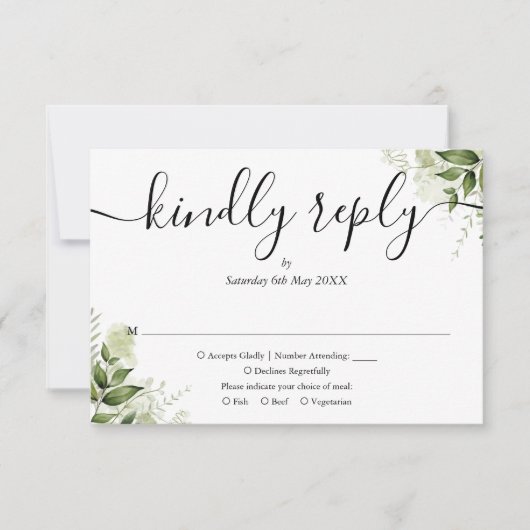Eenvoudig elegant Script Greenery vertrekt bruilof RSVP Kaartje (Voorkant)