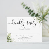 Eenvoudig elegant Script Greenery vertrekt bruilof RSVP Kaartje (Staand voorkant)