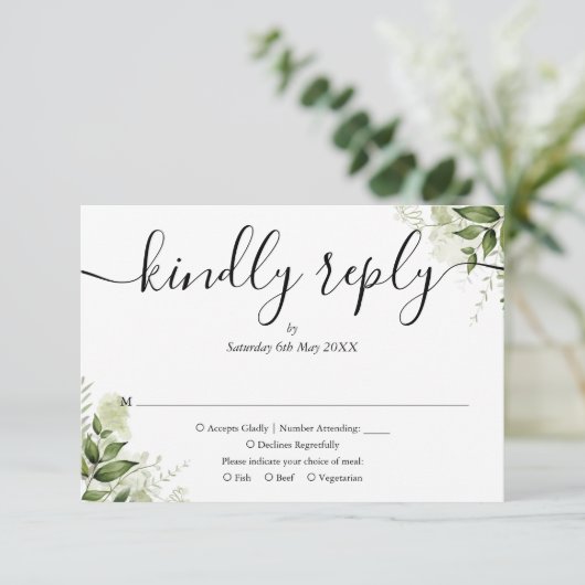 Eenvoudig elegant Script Greenery vertrekt bruilof RSVP Kaartje (Staand voorkant)