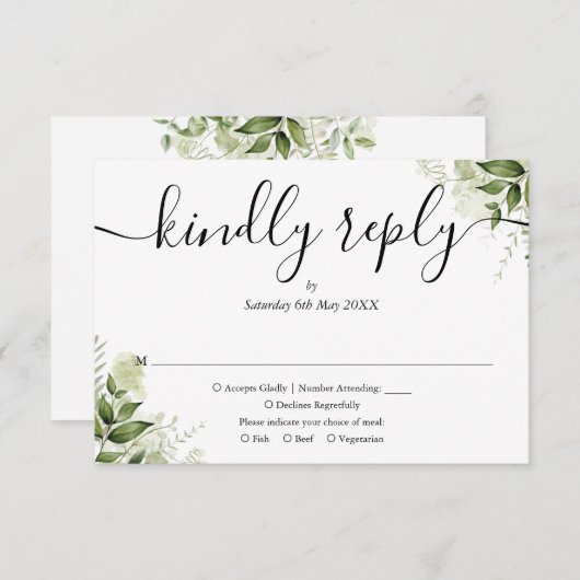 Eenvoudig elegant Script Greenery vertrekt bruilof RSVP Kaartje (Voorkant / Achterkant)