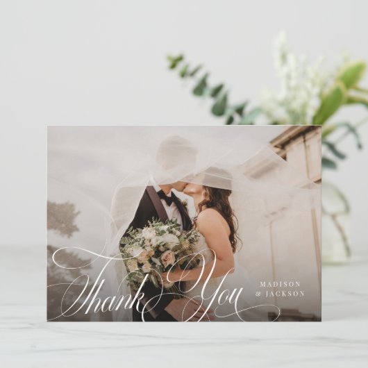 Eenvoudig Elegant Script Huwelijk Horizontale Foto Bedankkaart (Staand voorkant)