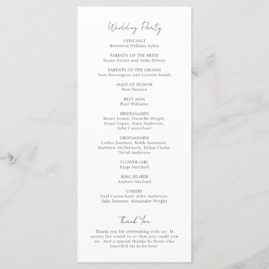 Eenvoudig Elegant Script Minimalist Classic Weddin Programmakaart (Achterkant)