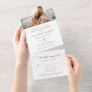Eenvoudig Elegant Script Minimalist Photo Wedding All In One Uitnodiging