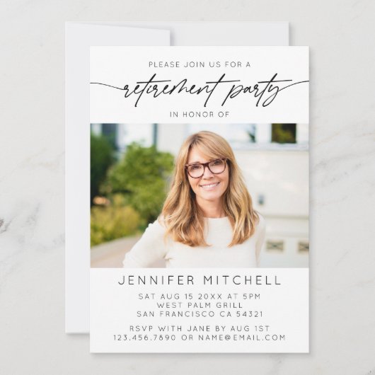 Eenvoudig Elegant Script Pensioen Party Foto Kaart (Voorkant)