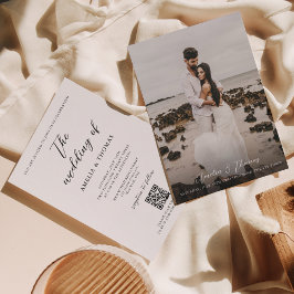 Eenvoudig Elegant Script Photo QR Code Weddenschap Kaart