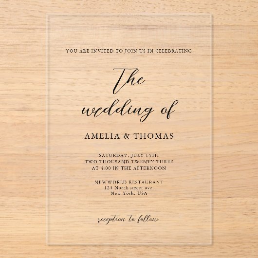 Eenvoudig Elegant Script Photo Wedding Acryl Uitnodigingen (Voorkant)