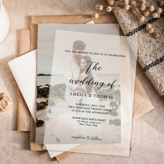 Eenvoudig Elegant Script Photo Wedding Vellum Uitnodigingen