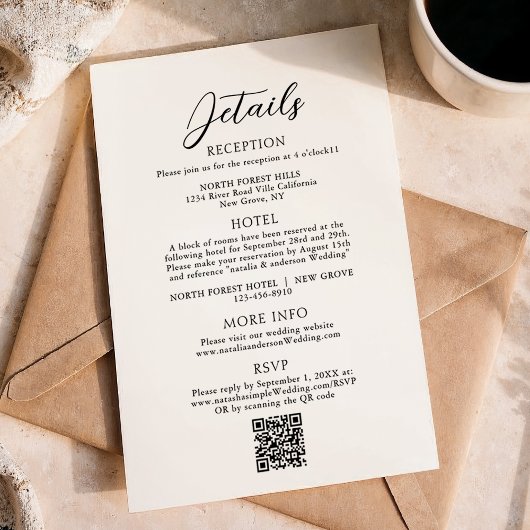 Eenvoudig Elegant Script QR Code Wedding Details Informatiekaartje
