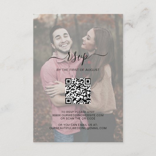 Eenvoudig Elegant Script QR Code Weduwschap met fo RSVP Kaartje (Voorkant)