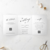 Eenvoudig elegant script RSVP QR witte bruiloft Drieluik Uitnodiging (Binnen)