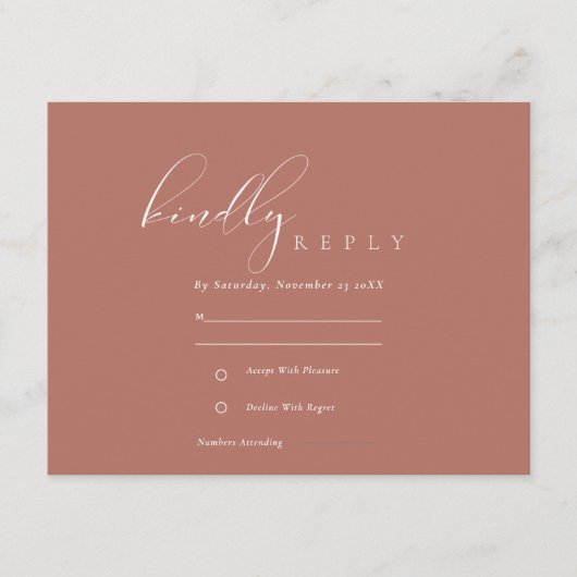 Eenvoudig Elegant Script Terracotta Wedding RSVP Informatiekaartje (Voorkant)