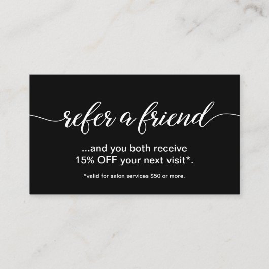 Eenvoudig Elegant Script Verwijs een vriend zwart  Klantenkaartje (Voorkant)