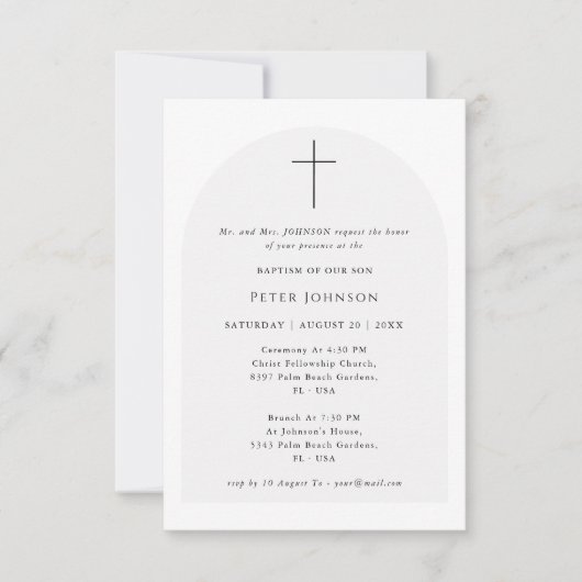 Eenvoudig Elegant Script Zwart & Wit Boog Doop Kaart (Voorkant)