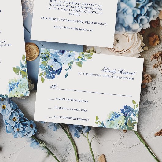 Eenvoudig Elegant Stoffig Blauw Marine Bloemen Bru RSVP Kaartje