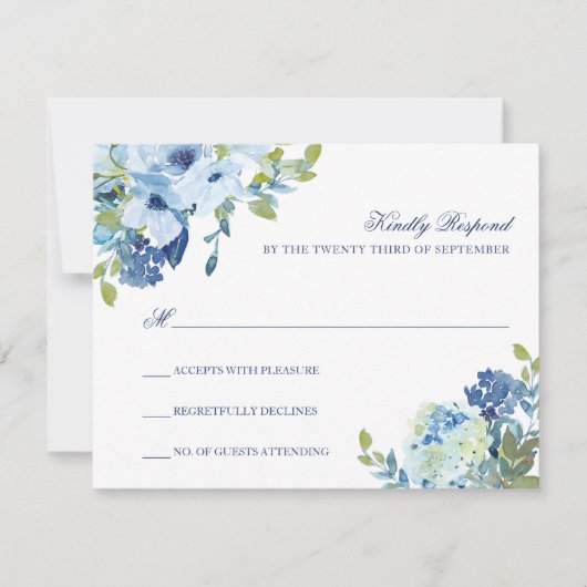 Eenvoudig Elegant Stoffig Blauw Marine Bloemen Bru RSVP Kaartje (Voorkant)