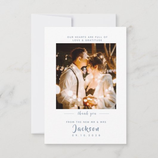 Eenvoudig elegant stoffig blauw met foto Weddensch Bedankkaart (Voorkant)