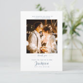 Eenvoudig elegant stoffig blauw met foto Weddensch Bedankkaart (Staand voorkant)