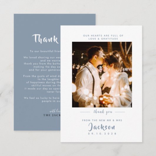 Eenvoudig elegant stoffig blauw met foto Weddensch Bedankkaart (Voorkant / Achterkant)