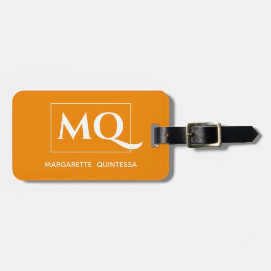 Eenvoudig Elegant Tangerine Sinaasappel en Wit Mon Bagagelabel (Voorkant horizontaal)