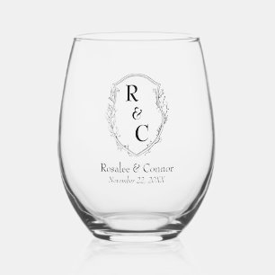 Eenvoudig, Elegant Vine Crest Paar Monogram + Datu Wijnglas Zonder Voet