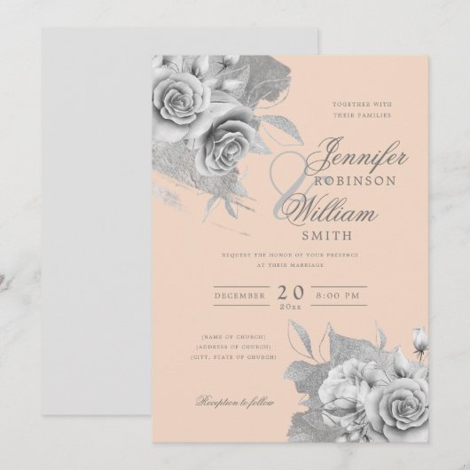 Eenvoudig elegant Weddenschap Zilveren Floral & Fo Kaart (Voorkant / Achterkant)