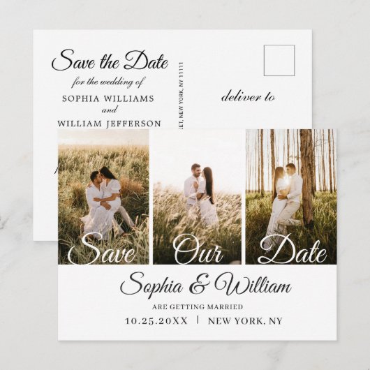 Eenvoudig Elegant Wedding Save the Date 3 Photo Aankondigingskaart (Voorkant / Achterkant)