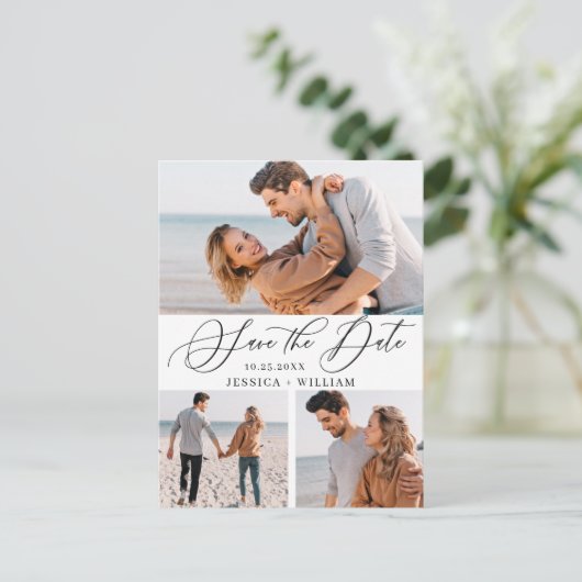Eenvoudig Elegant Wedding Save the Date 3 Photo Briefkaart (Staand voorkant)