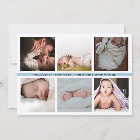 Eenvoudig Elegant White |Blue Photo Collage Boy Bi Aankondiging (Achterkant)