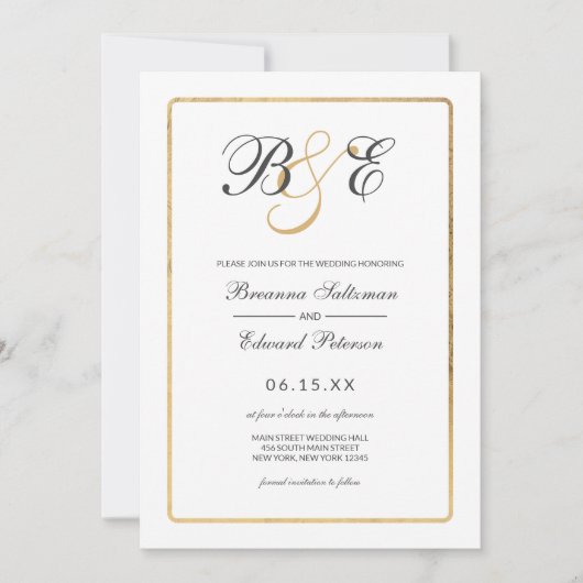 Eenvoudig Elegant White Gold Border Monogram Wedde Kaart (Voorkant)