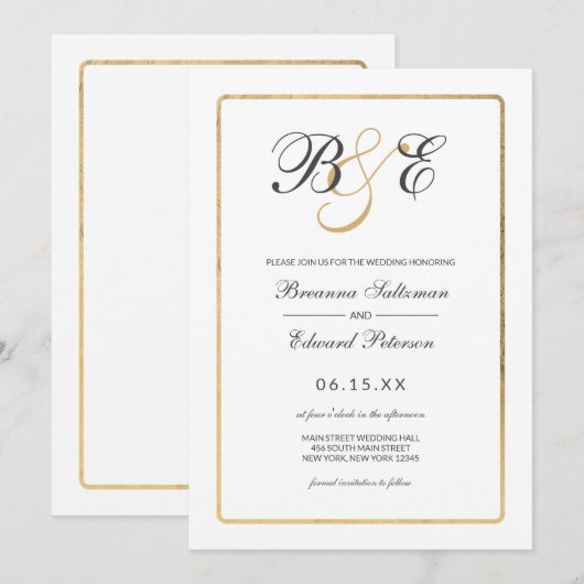 Eenvoudig Elegant White Gold Border Monogram Wedde Kaart (Voorkant / Achterkant)