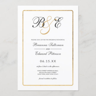 Eenvoudig Elegant White Gold Border Monogram Wedde Kaart