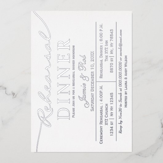 Eenvoudig Elegant White Silver Rehearsal Dinner Folie Uitnodiging (Voorkant)
