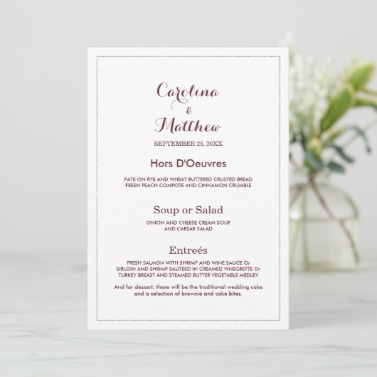 Eenvoudig elegant wit goud bordeaux Wedding Menu (Staand voorkant)