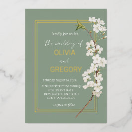 Eenvoudig Elegant Wit Kersenbloesem & Gouden Frame Folie Uitnodiging