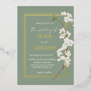 Eenvoudig Elegant Wit Kersenbloesem & Gouden Frame Folie Uitnodiging