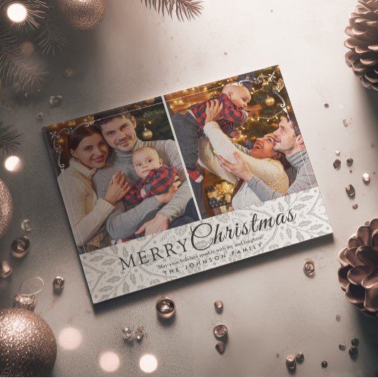 Eenvoudig Elegant Wit Lijst 2 Foto Kerst Feestdagenkaart