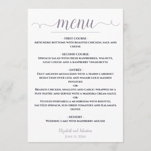 Eenvoudig Elegant Wit met Navy & Lavendel Wedding Menu (Voorkant)