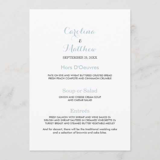 Eenvoudig elegant wit pastelblauw Bruiloft Menu (Voorkant)