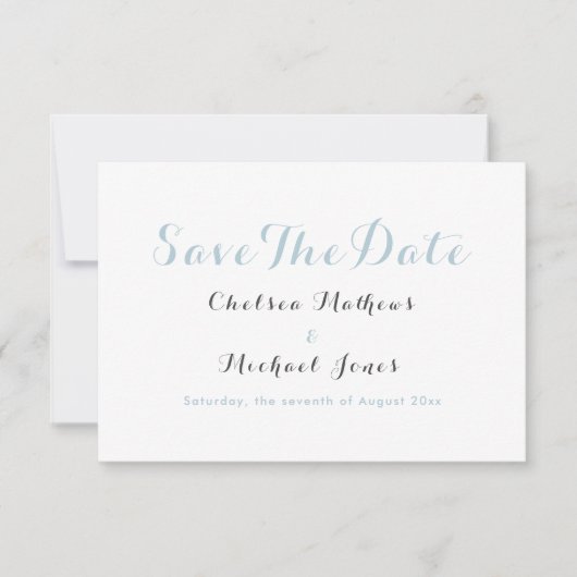 Eenvoudig elegant wit pastelblauw Save The Date (Voorkant)